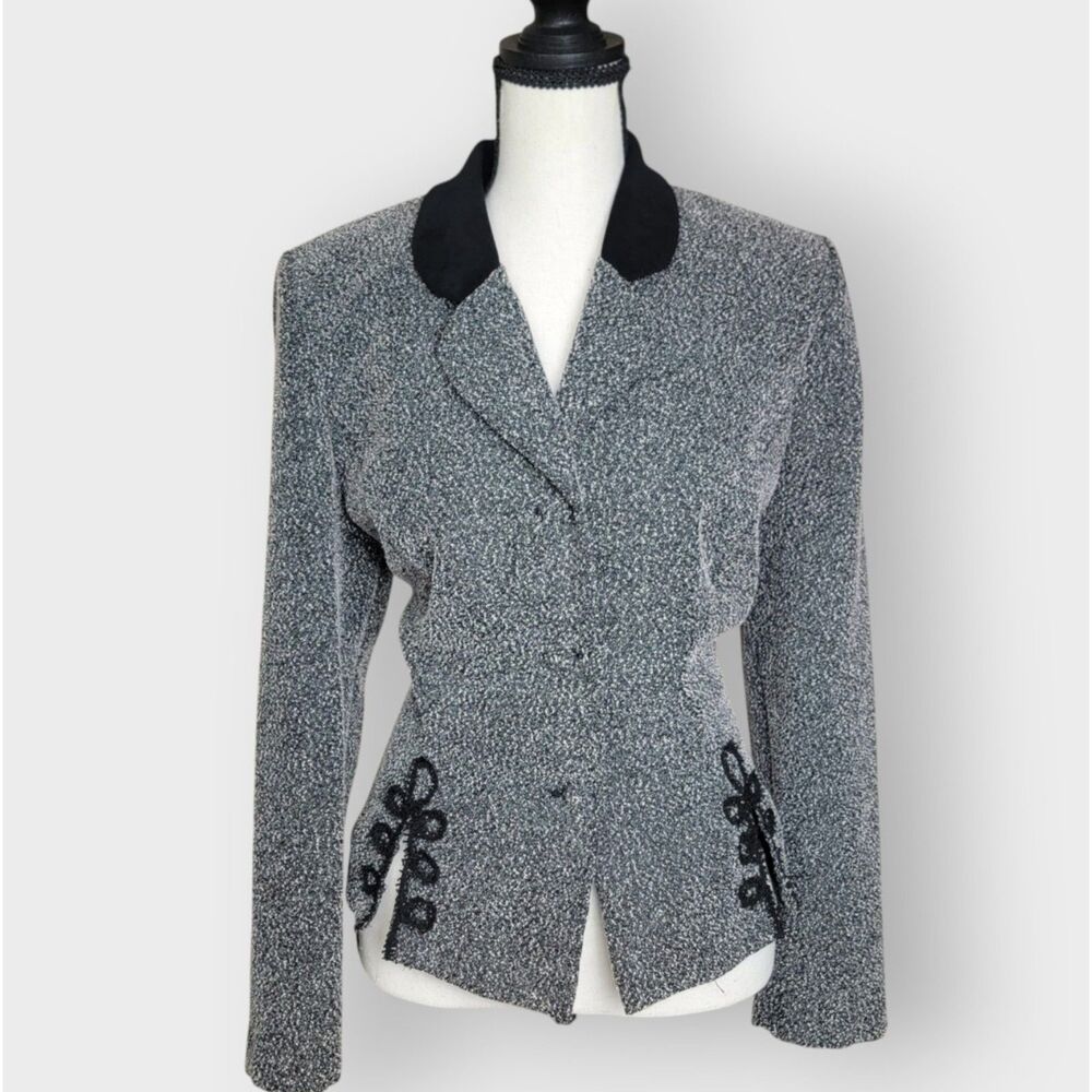 Koret Tweed Marled Blazer Jacket Embroidered Vintage Style Size 10 Velvet Collar